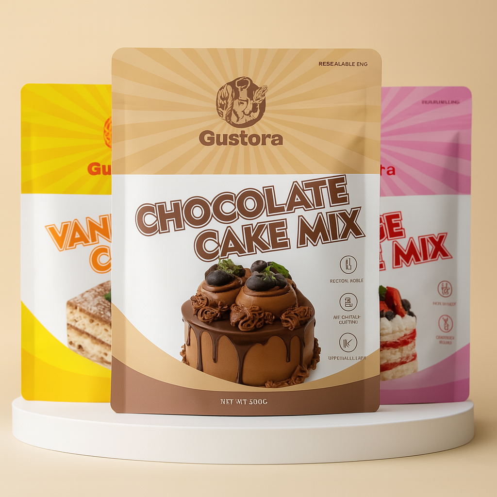 Assorted cake mix flavors including chocolate, vanilla, and strawberry by Gustora—perfect for home baking and professional use, suitable for all taste preferences