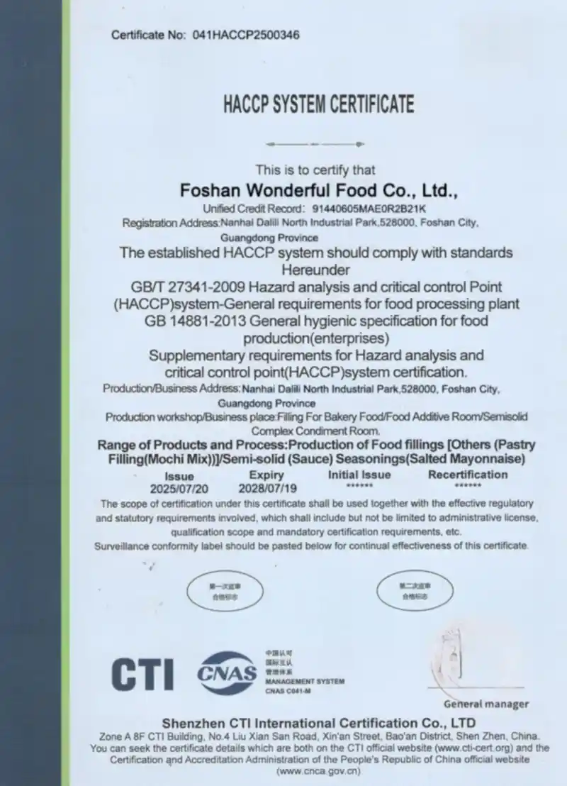 HACCP food safety certification awarded to certified manufacturer, ensuring strict quality control and compliance with international standards