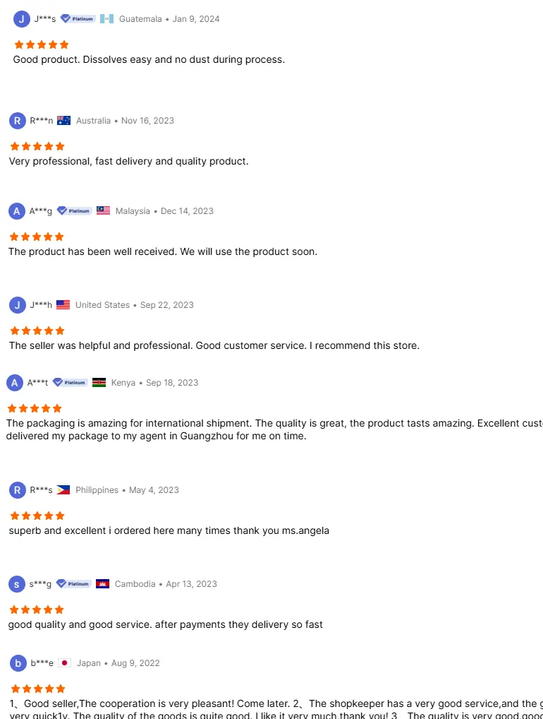 International customer reviews praising high-quality food additives, fast delivery, and excellent service, building trust in baking ingredient supply