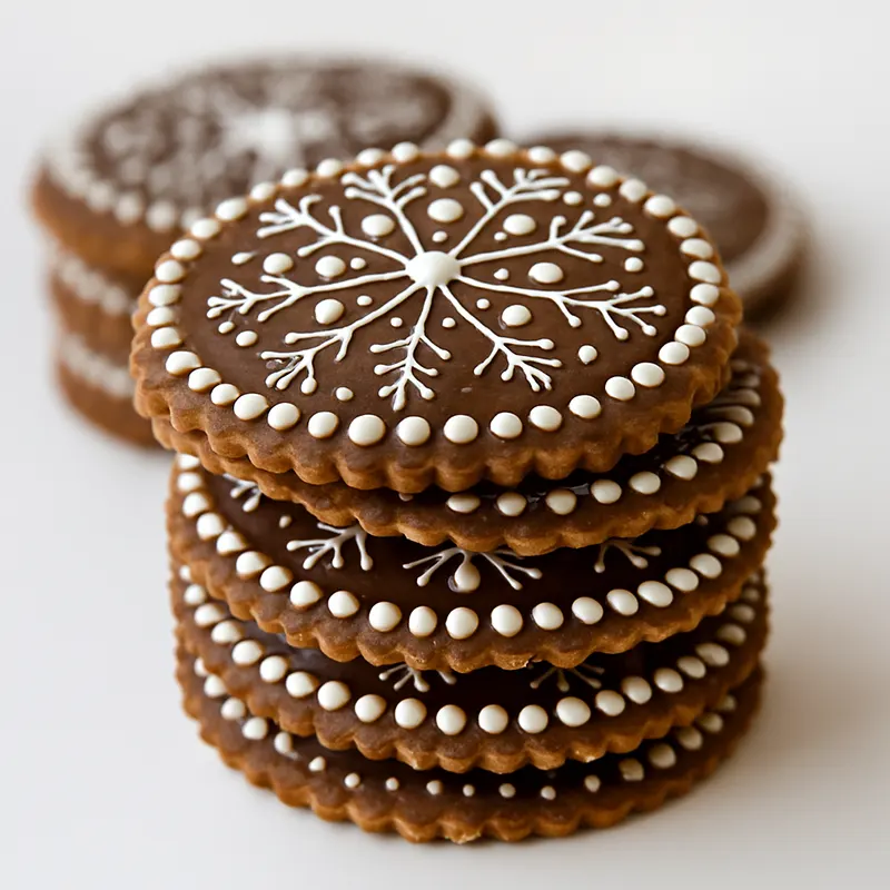 Stack of beautifully decorated chocolate cookies with snowflake icing design, baked using food-grade baking soda for perfect rise and clean taste