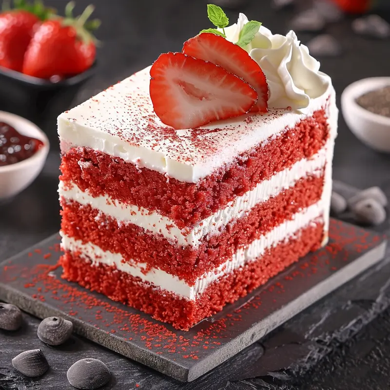Moist and fluffy red velvet cake slice with cream cheese frosting and fresh strawberries, made with baking soda for perfect rise and clean taste, trusted by professional bakers and food manufacturers