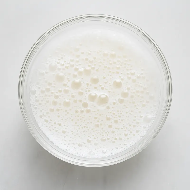 Double-acting baking powder activated in water, showing foaming reaction for superior lift and fluffy texture in baked goods