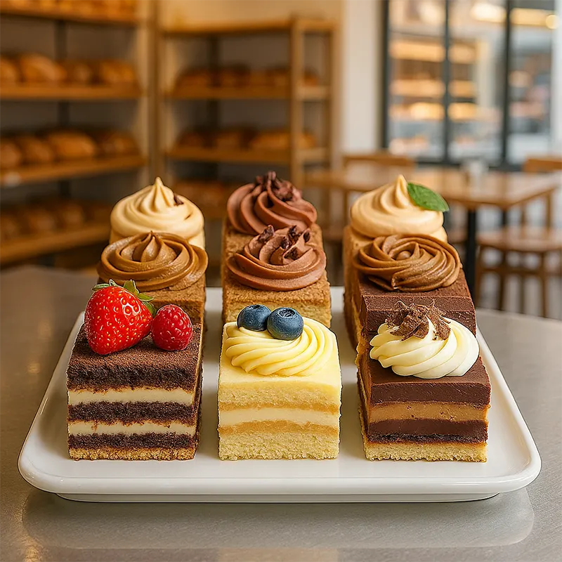 Assorted clean label layer cakes topped with fruit and natural cream, made without artificial flavorings, colorings, or preservatives—perfect for health-conscious bakeries