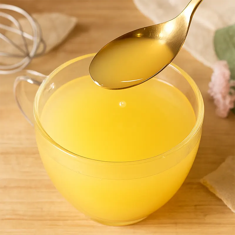 Quick-dissolving custard powder mixed in water showing smooth, lump-free texture and even consistency for easy dessert preparation