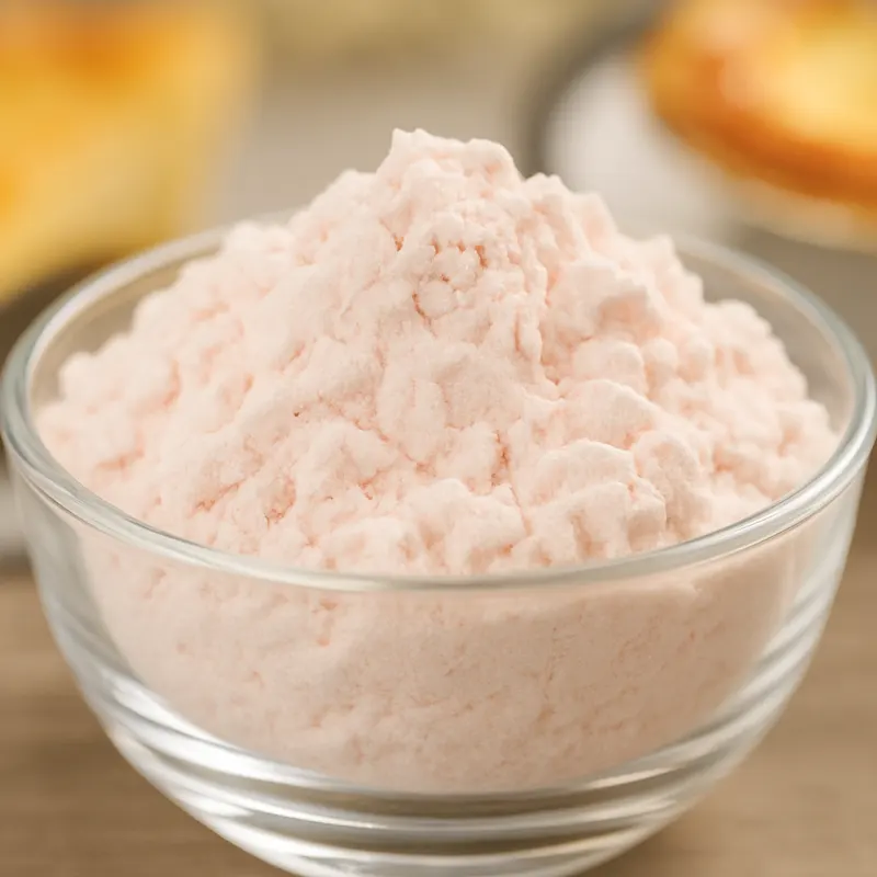 Fine-textured pink custard powder in glass bowl for smooth and springy dessert filling with consistent quality results
