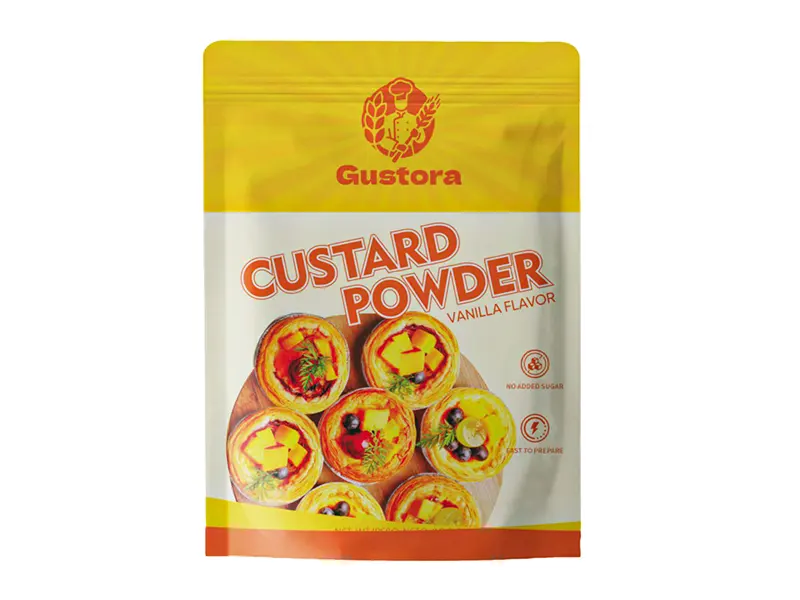 Various baking powder, baking soda, and cake mix packaging samples including Gustora OEM designs, showcasing custom printed food packaging solutions