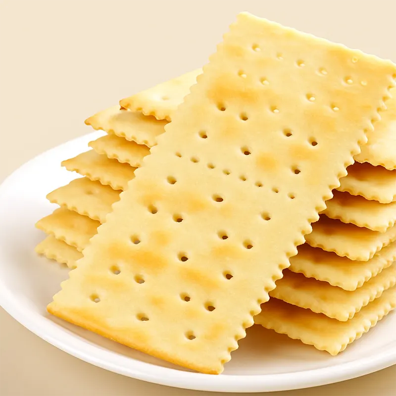Stack of evenly baked soda crackers with smooth golden surface, showcasing the effects of fine particle baking powder for easy mixing and clean handling