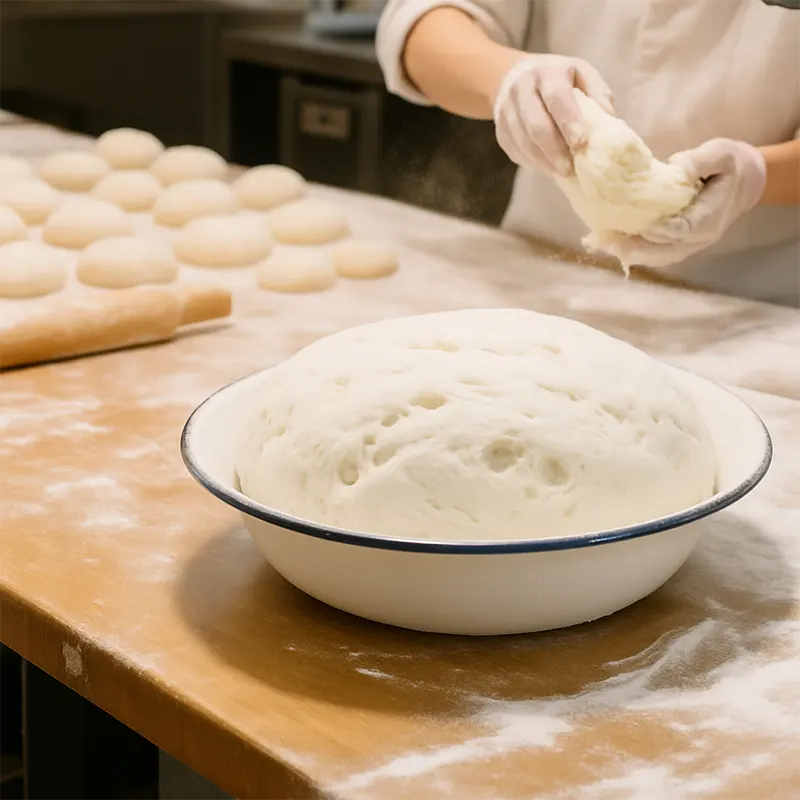 Fermented bread dough preparation in bakery kitchen using clean-performance baking powder for reliable leavening, no bitterness, and light texture