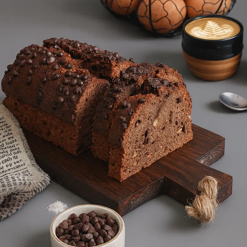 Moist chocolate chip loaf cake sliced on wooden board, illustrating controlled leavening reaction with consistent rise and intact structure during baking