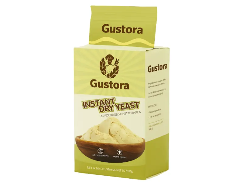 Gustora instant dry yeast retail packaging with resealable pouch, ideal for home baking or small-scale production. Customizable yeast packaging from 5g sachets to 25kg industrial bags.