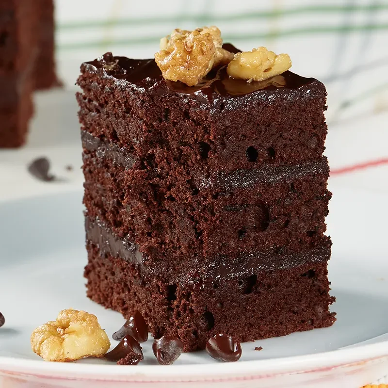 Rich chocolate layer cake made with premium cake premix, topped with walnuts and chocolate chips—showcasing perfect texture and mineral-free baking performance