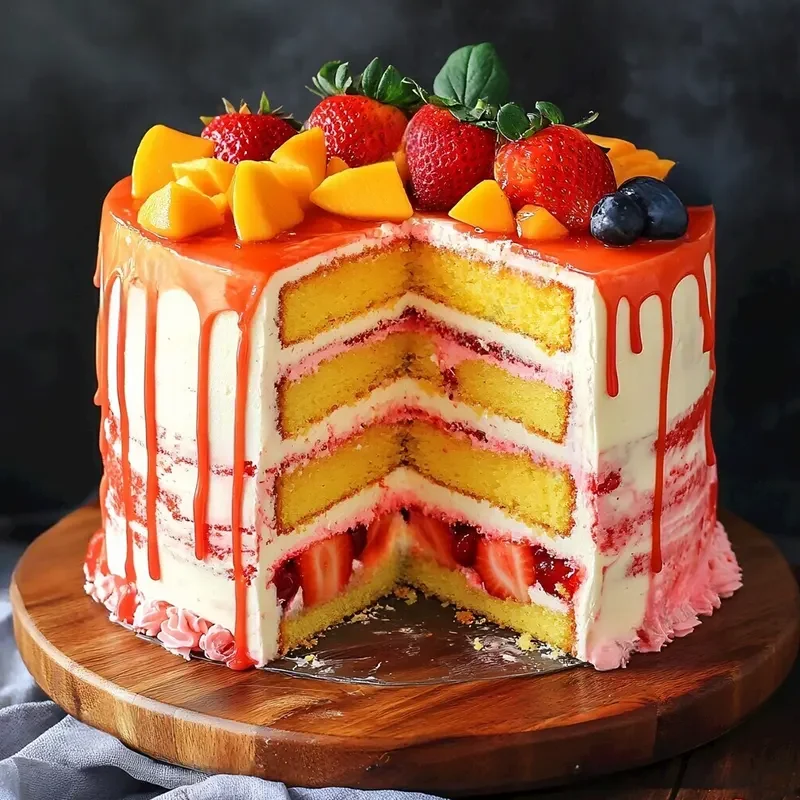 Layered fruit cake with vibrant strawberries, mangoes, and berries on top, made with premium cake premix for perfect texture and mineral-free clean baking