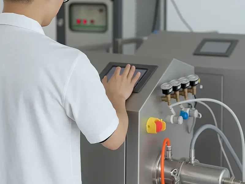 Technician operating food processing equipment for baking powder formulation optimization, enhancing texture and reducing production costs