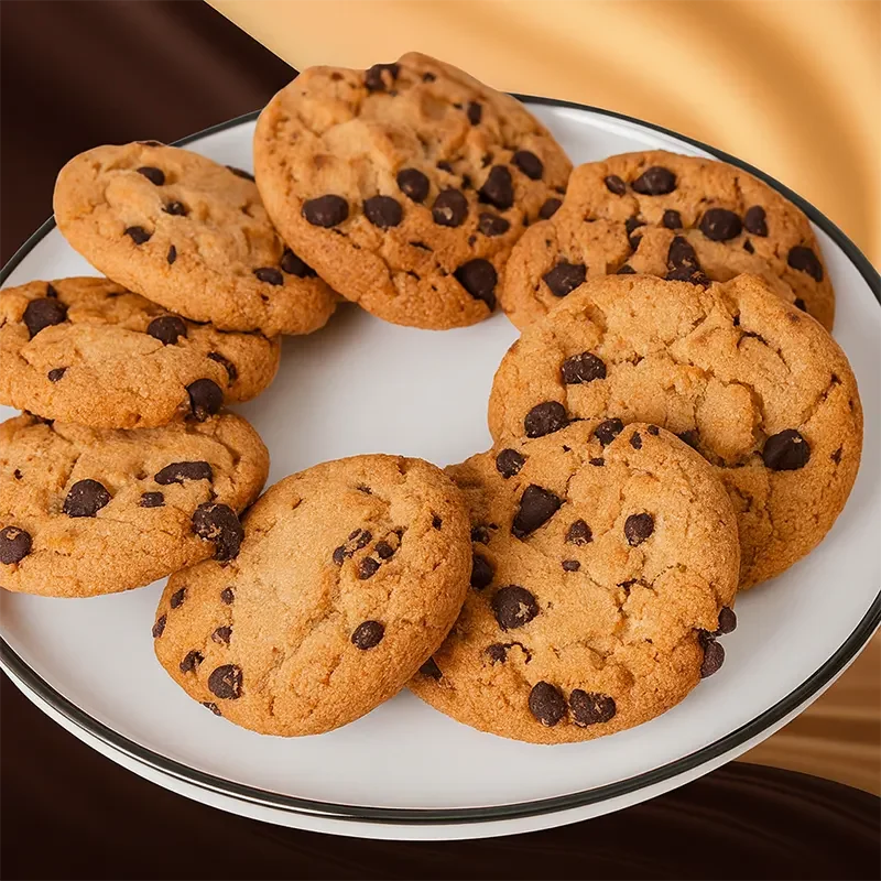 Freshly baked chocolate chip cookies on a white plate, made with high-quality baking powder and ingredients for rich flavor and perfect texture