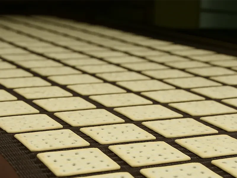 Square crackers on automated baking line conveyor, demonstrating baking soda’s role in consistent texture and large-scale snack production efficiency