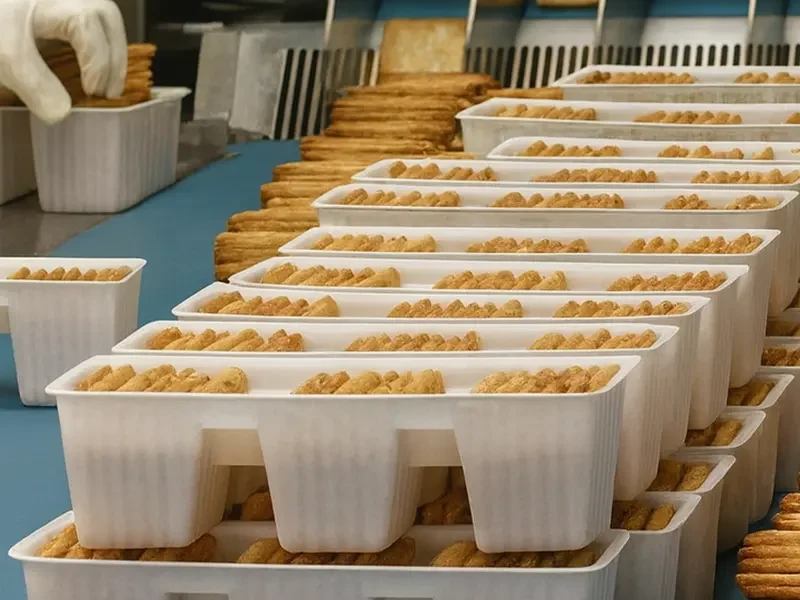 Automated biscuit packaging line with plastic trays, showcasing efficient large-scale snack production using high-quality baking soda for consistent texture and shelf-life stability