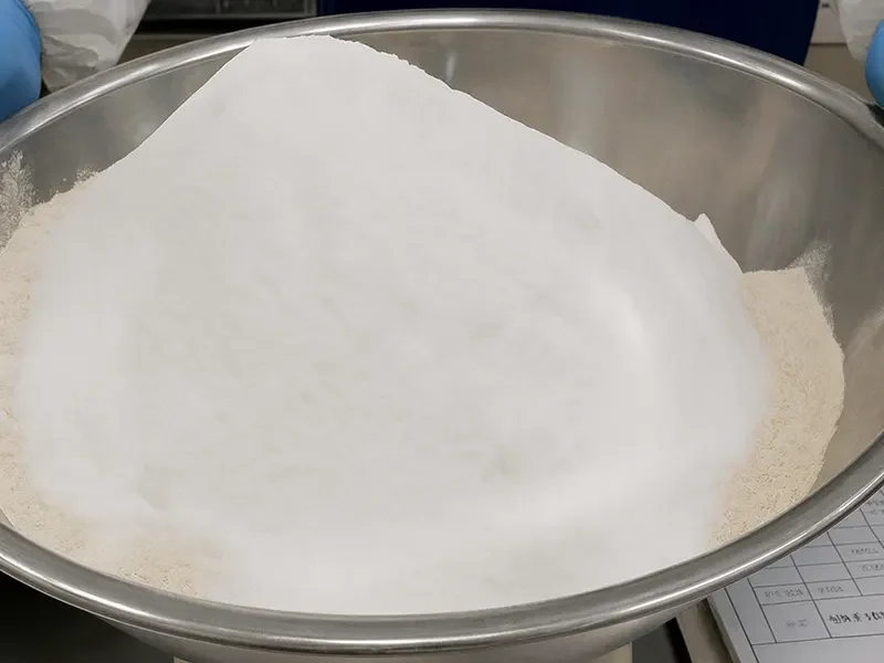 Large stainless steel mixing bowl filled with yeast and powdered ingredients, prepared for industrial-scale baking. Optimized for high-efficiency yeast fermentation in automated food production.