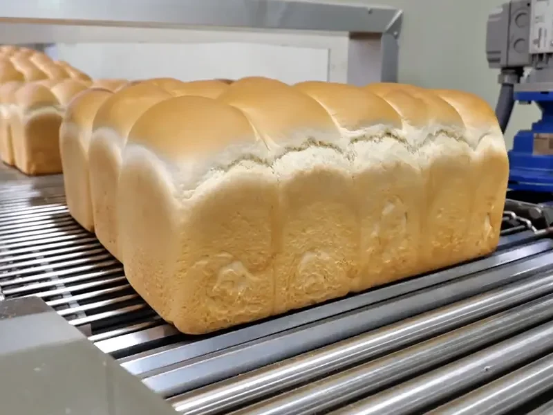 Freshly baked sandwich bread loaves cooling on a bakery production line, showing consistent rise and uniform color achieved with high-performance instant dry yeast.