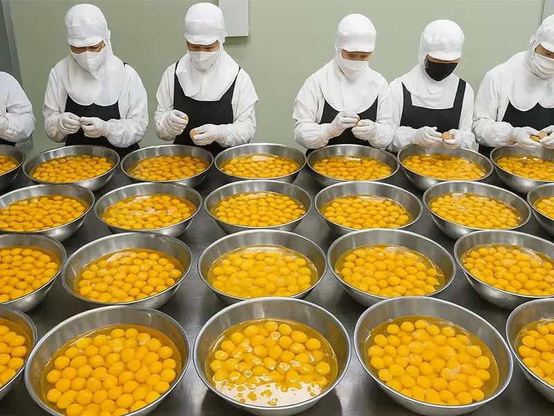 Food factory workers separating egg yolks in bulk for industrial cake premix production—cost-effective ingredient preparation for streamlined baking processes