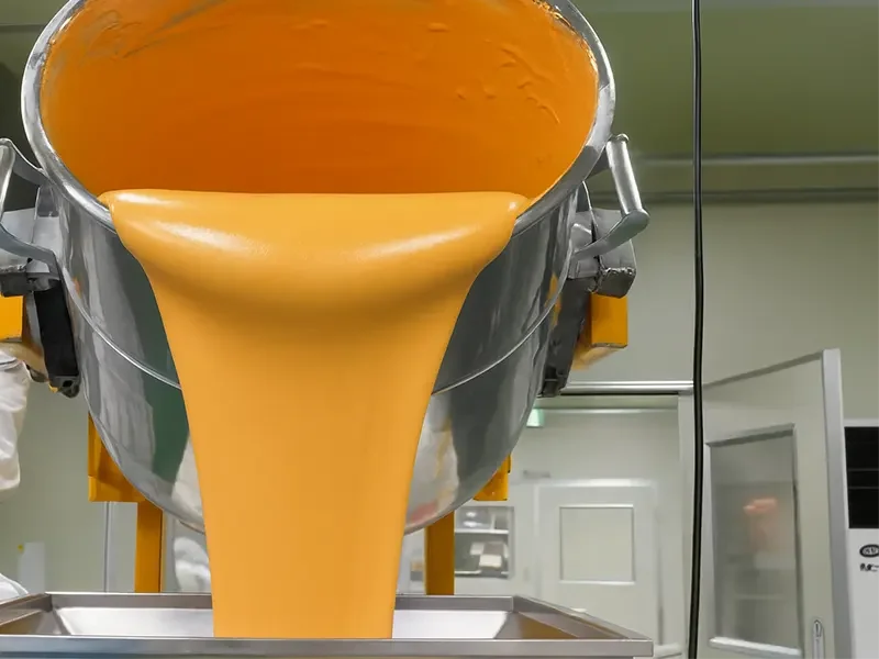 Automated mixing and pouring of cake batter using machine-friendly premix—streamlined bakery production reducing labor costs and enhancing consistency