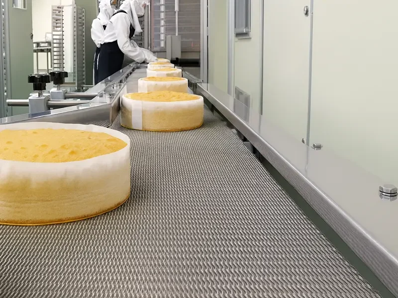 Automated cake production line with sponge cakes on conveyor—efficient use of cake premix for reduced labor cost and consistent baking quality